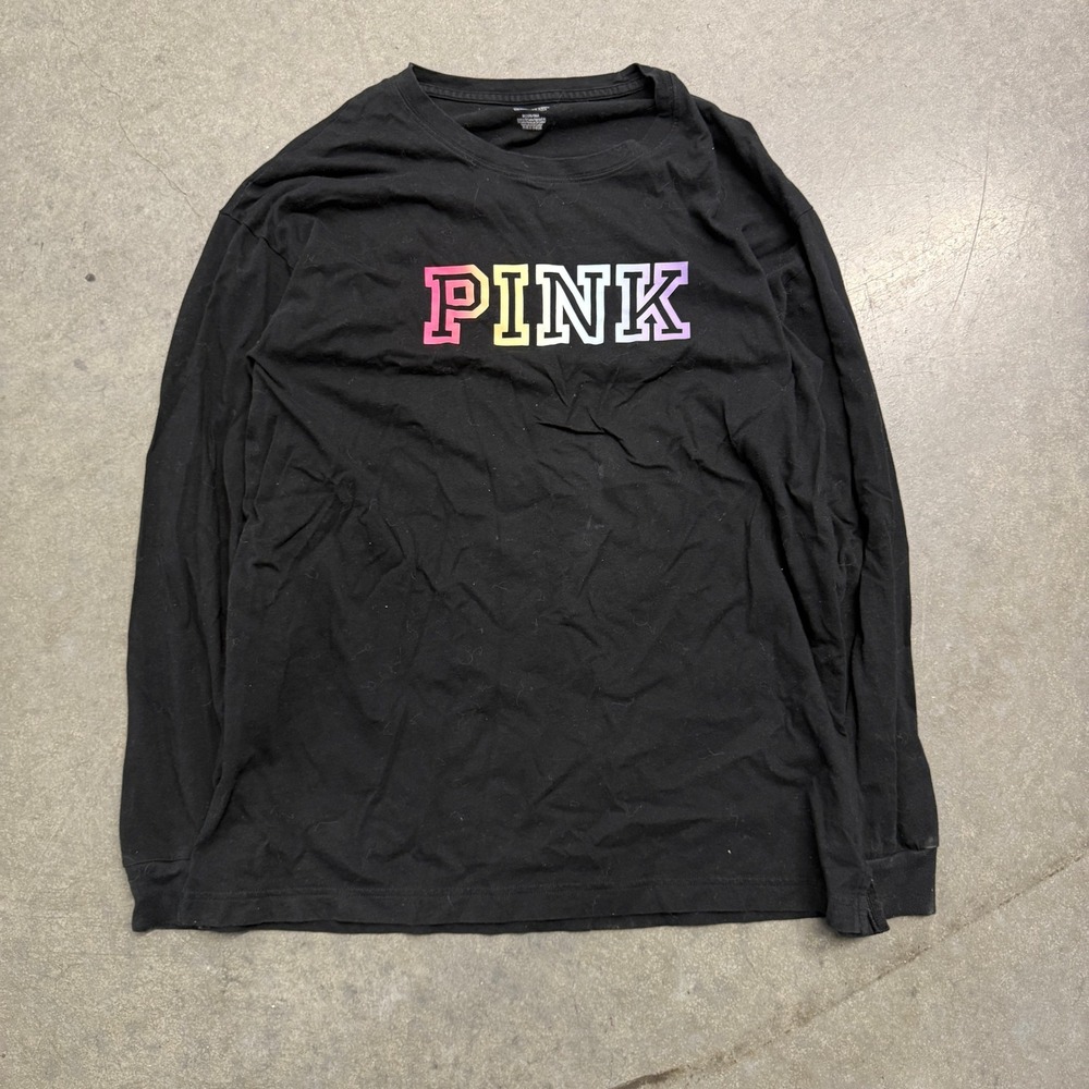 Victorias Secret PINK Long Sleeve Rainbow Ombre Logo Tee Black Medium